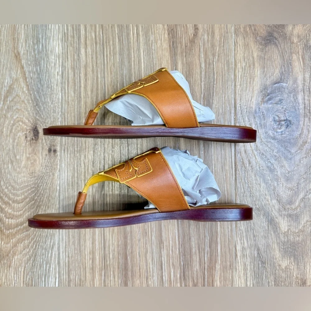 TORY BURCH Jamie Full Logo Leather Thong Sandals in Royal Tan Size 5 US EUC